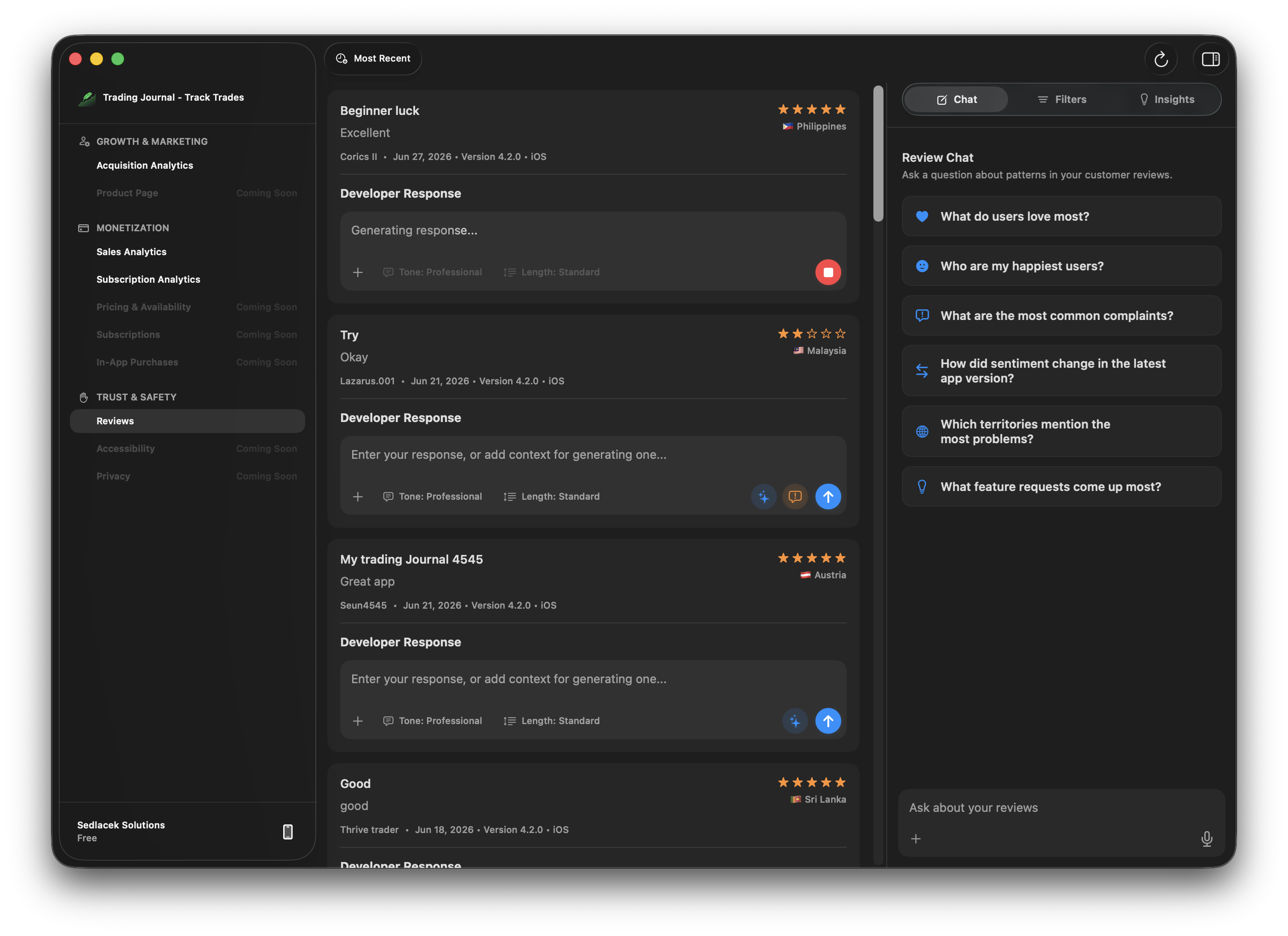 Insights Reviews workspace with review responses and Review Chat.